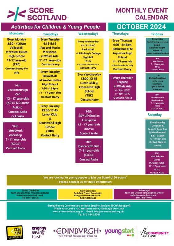 SCOREscotland October Calendar of Activities colour coded by project. Contains activities for children and young people
