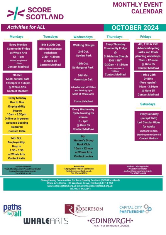 SCOREscotland October Calendar of Activities colour coded by project. Contains activities for all