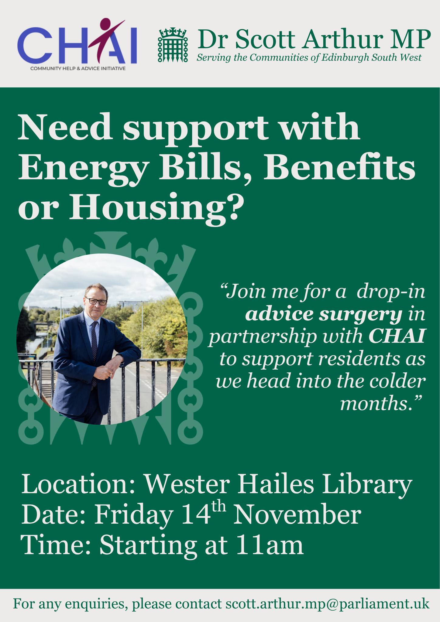 Local MP and CHAI Advice Surgery at Wester Hailes Library Featured Image