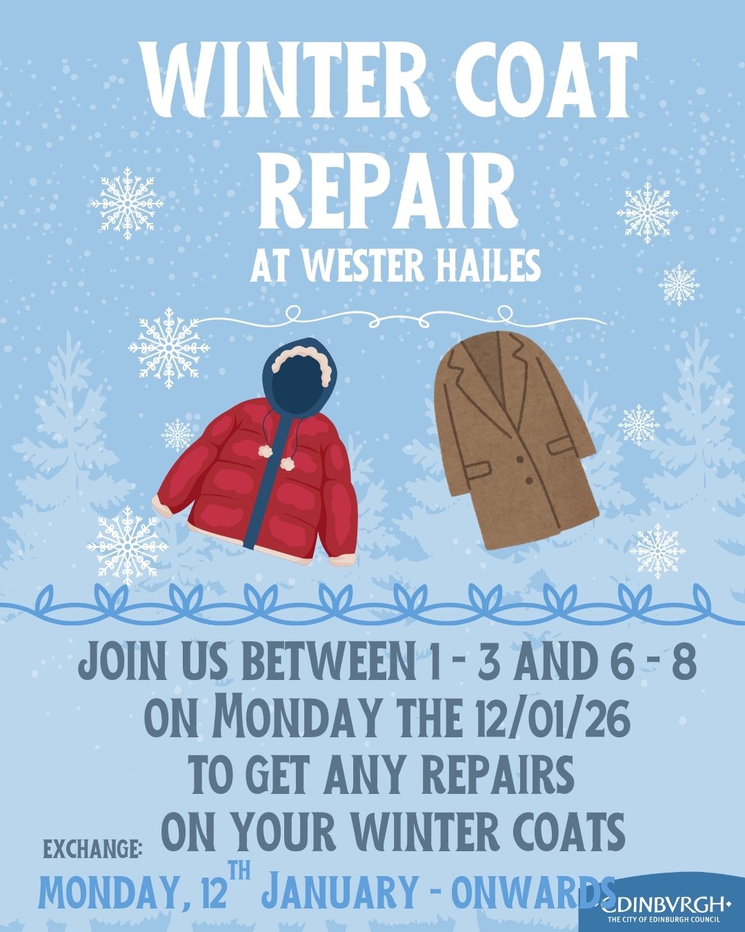 winter coat repair at wester hailes library