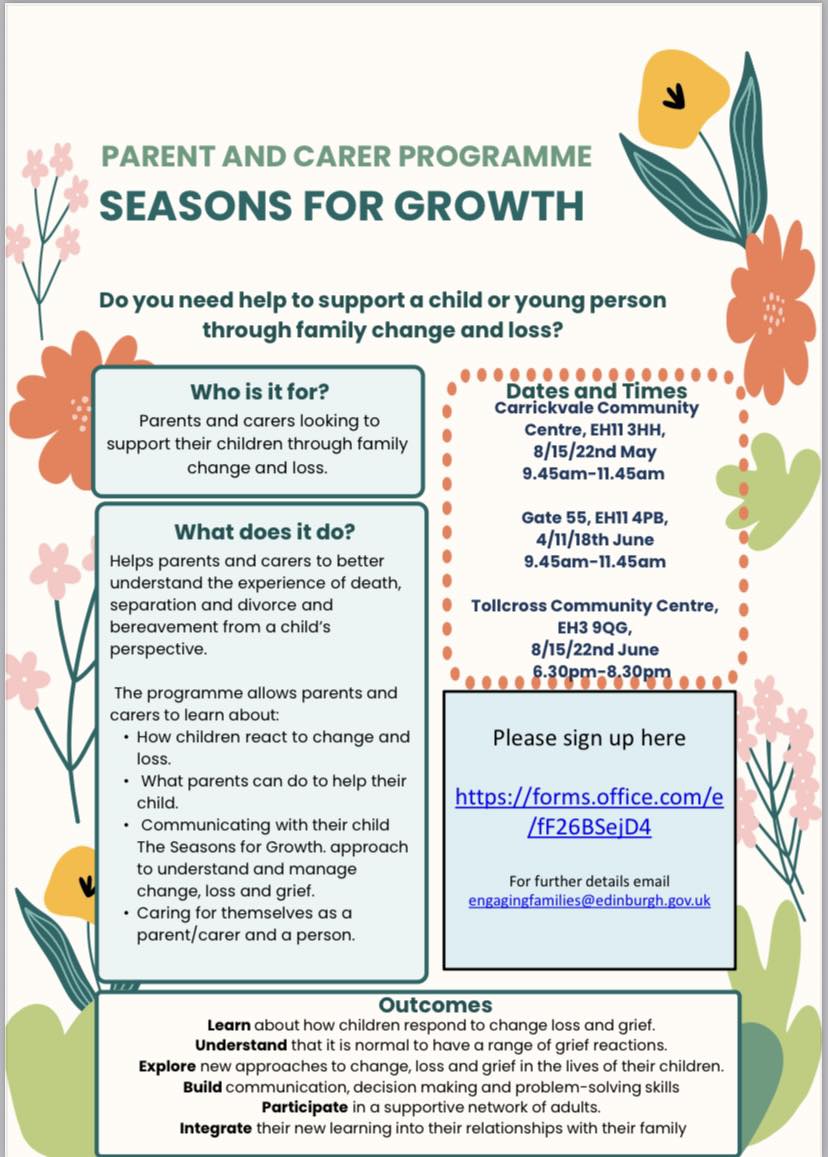 Seasons for Growth course for parents and carers information leaflet and featured image